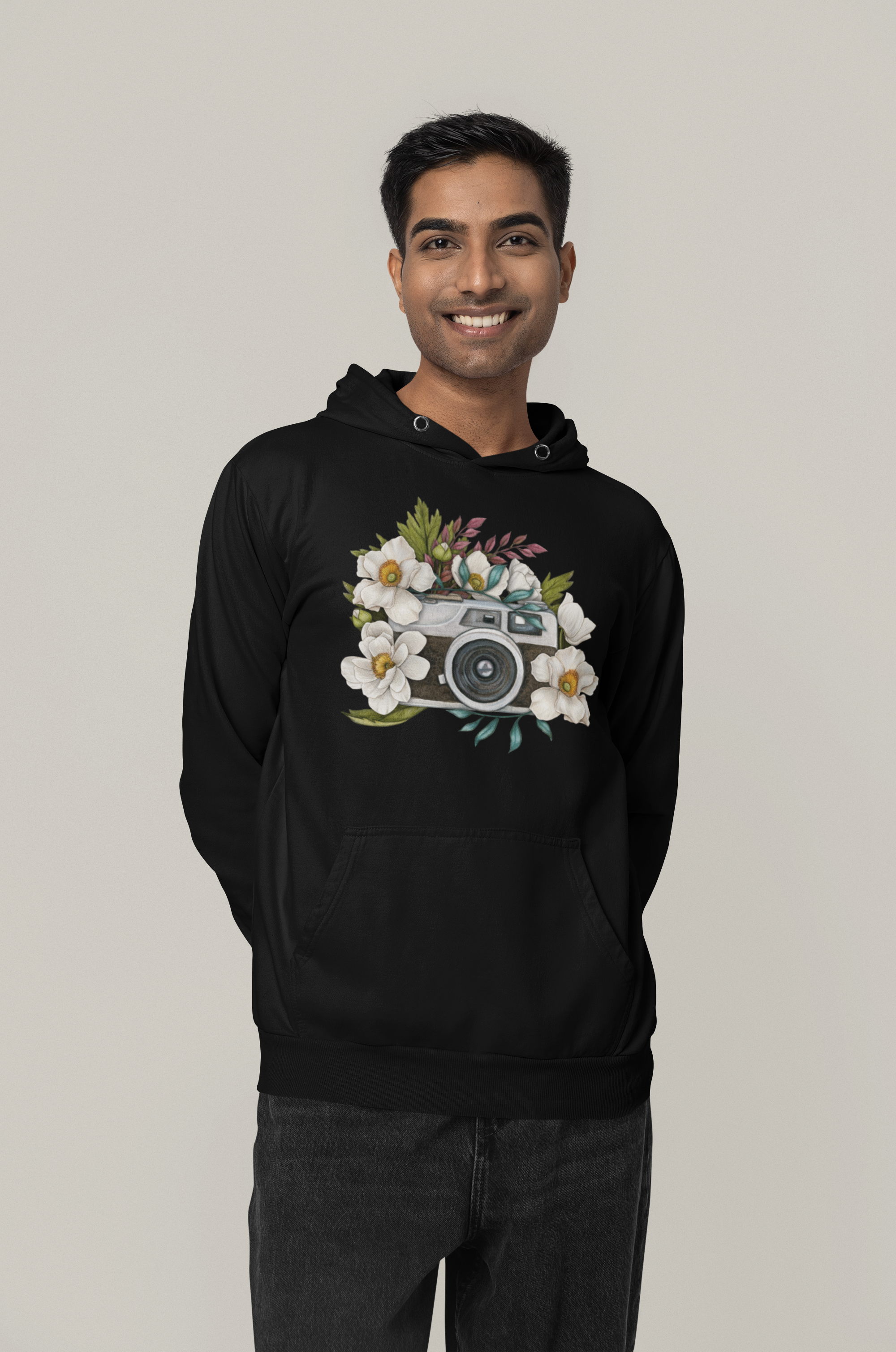 Watercolor Camera Flower Black - Organic Hoodie