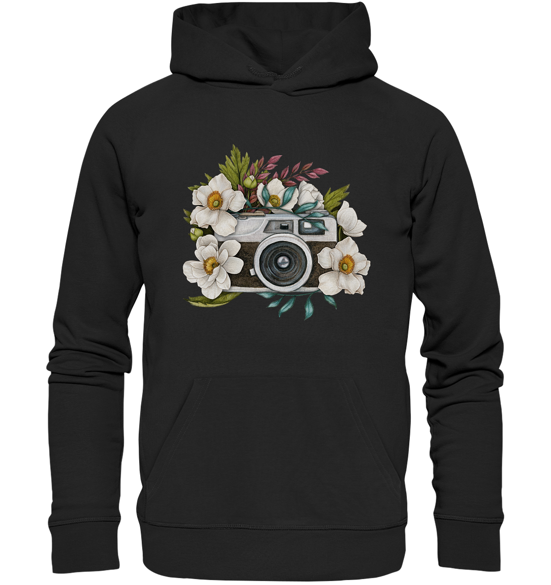Watercolor Camera Flower Black - Organic Hoodie